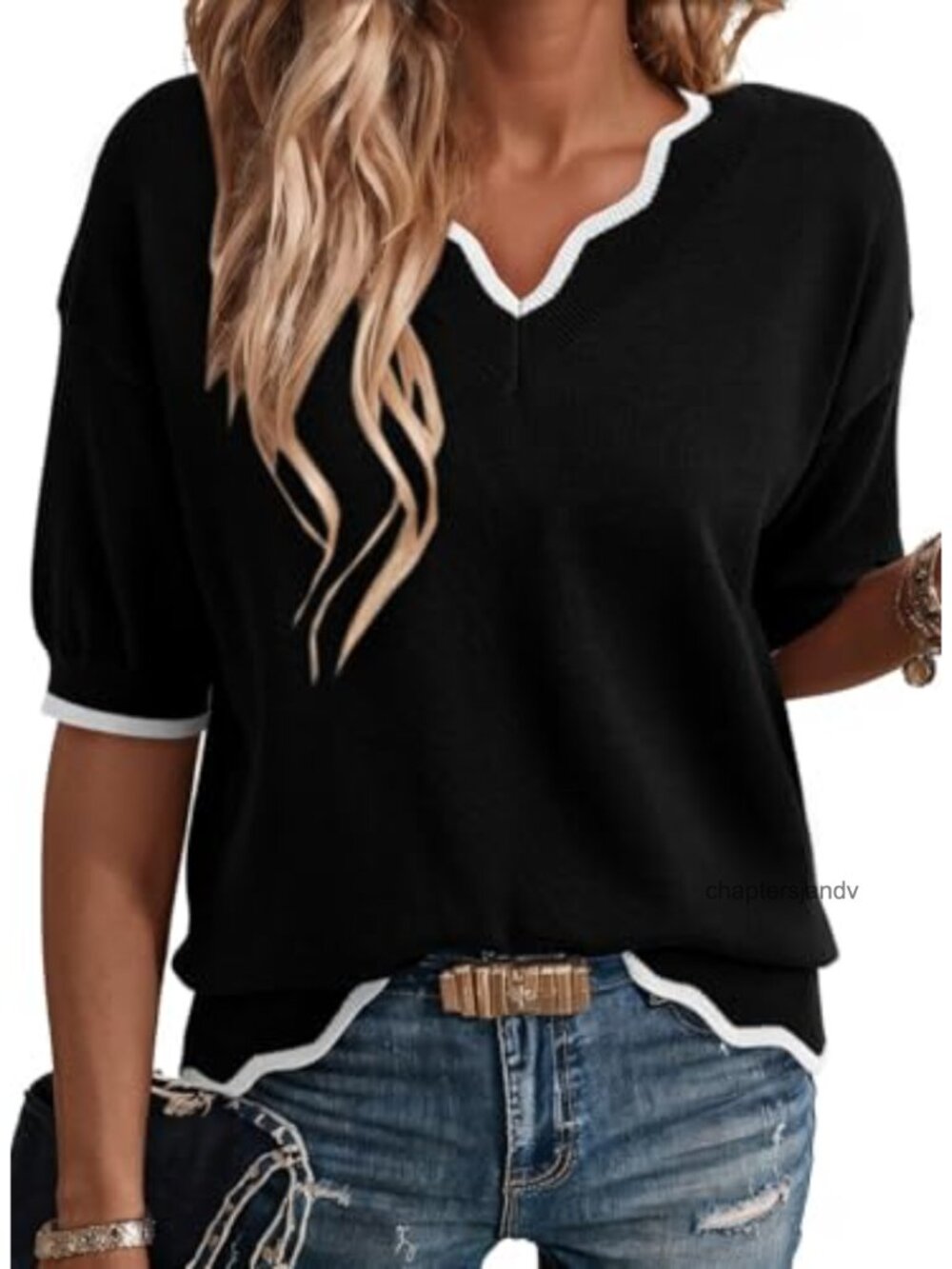 Women's Ribbed Knit Short Sleeve Pullover Sweater V-Neck Loose Fit